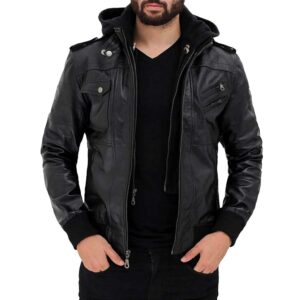 Edinburgh Black Leather Bomber Jacket With Removable Hood Men/Gloria Leather