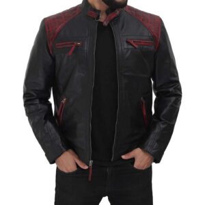 Rollins Black and Maroon Lambskin Leather Moto Biker Jacket Men/Gloria Leather