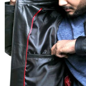 Black Biker Leather Jacket with Stripes on Sleeves