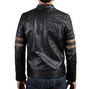 Black Biker Leather Jacket with Stripes on Sleeves/Gloria Leather