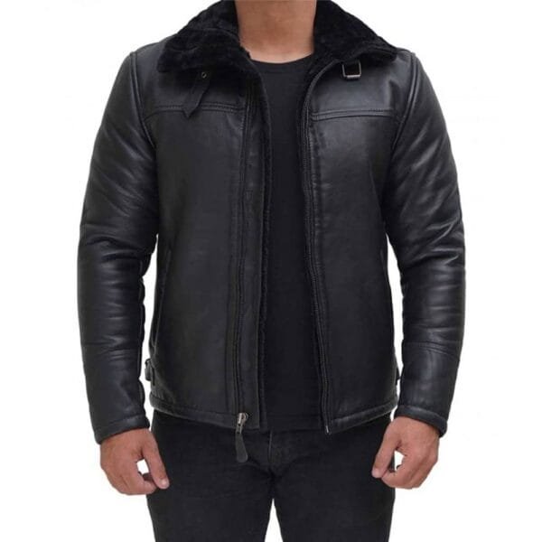 Men’s Black Leather Jacket with Fur Collar/Gloria Leather