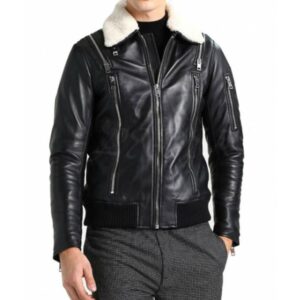 Black Leather Jacket with White Fur Collar/Gloria Leather