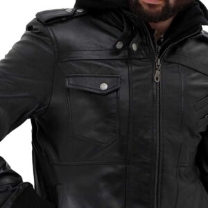 Edinburgh Black Leather Bomber Jacket With Removable Hood Men/Gloria Leather