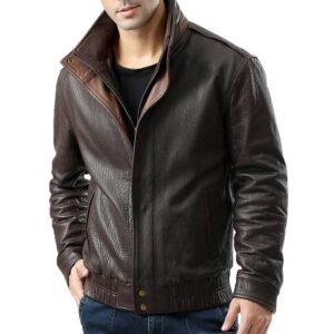 Brown Double Collar Leather Jacket – Leather Bomber Jacket for Mens