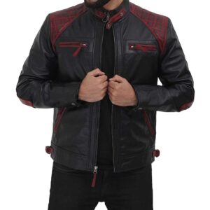 Rollins Black and Maroon Lambskin Leather Moto Biker Jacket Men/Gloria Leather