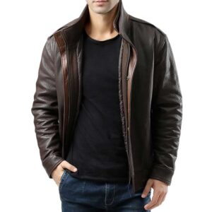 Brown Double Collar Leather Jacket – Leather Bomber Jacket for Mens