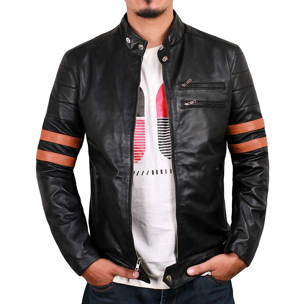 Black Biker Leather Jacket with Stripes on Sleeves – Gloria Leather
