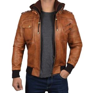 Edinburgh Brown Leather Bomber Jacket With Removable Hood Men/Gloria Leather