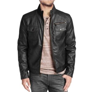 Black Flap Pockets Lambskin Leather Biker Jacket Men’s/Gloria Leather