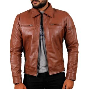 Cognac Slim Fit Shirt Collar Leather Jacket Men’s/Gloria Leather