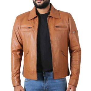 Tan Slim Fit Shirt Collar Leather Jacket Men’s/Gloria Leather