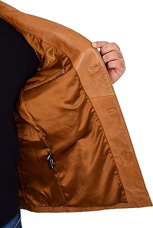 Mens Genuine Soft Cognac Leather Reefer Jacket Gents Classic Blazer Style Coat Parker / Gloria Leather