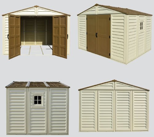 DuraMax 10x8 Woodbridge Plus Vinyl Shed front, side and rear views