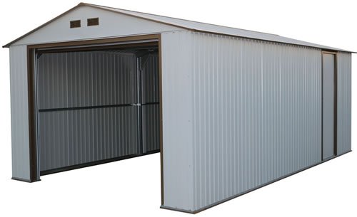 DuraMax 12x32 White Steel Garage Assembled With Roll Up Door Open