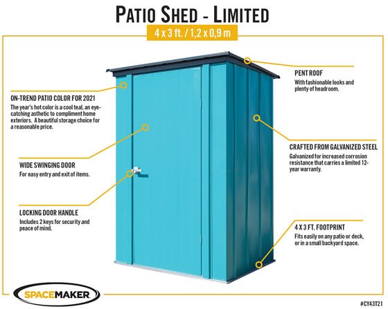 Arrow Teal 4x3 Spacemaker Patio Shed Kit Features & Benefits