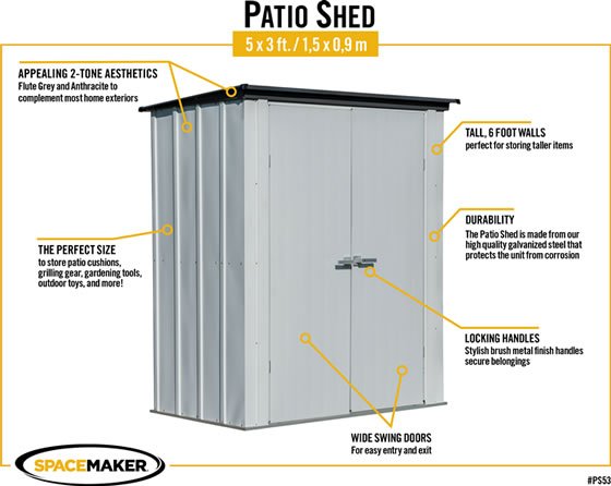 Arrow 5x3 Spacemaker Patio Shed Kit Features & Benefits