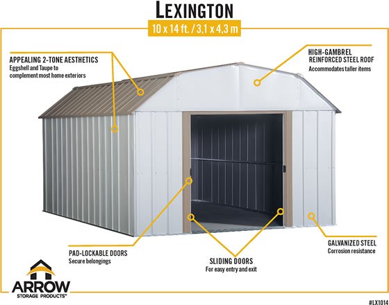 Arrow Lexington Shed Features Eggshell & Taupe Colors, Pad Lockable Sliding Doors & Galvanized Steel
