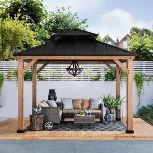 Sunjoy Outdoor Patio Black 2-Tier Wooden Frame Backyard Hardtop Gazebo with Ceiling Hook