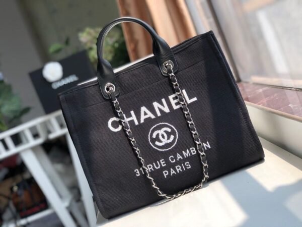 Chanel Deauville Tote 38cm Twill Canvas Bag Fall/Winter Collection Black/White - Image 2