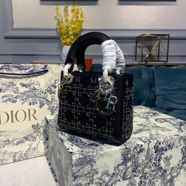 Christian Dior Mini Lady Dior Bag 18cm with Chain Silver Hardware Embroidered Lambskin Leather Spring/Summer Collection, Black - Image 4