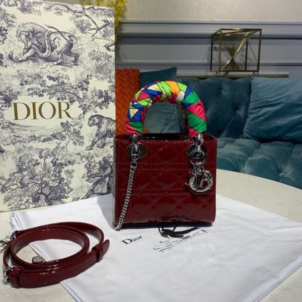 Christian Dior Mini Lady Dior Bag 18cm with Chain Silver Hardware Patent Leather Spring/Summer Collection, Burgundy - Image 2