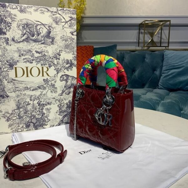 Christian Dior Mini Lady Dior Bag 18cm with Chain Silver Hardware Patent Leather Spring/Summer Collection, Burgundy - Image 7