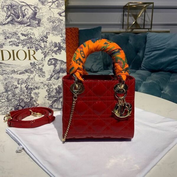 Christian Dior Mini Lady Dior Bag 18cm with Chain Gold Hardware Patent Leather Spring/Summer Collection, Red - Image 2