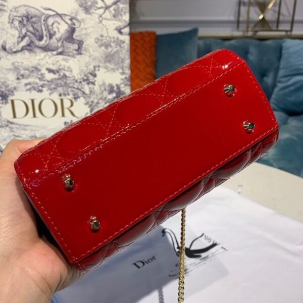 Christian Dior Mini Lady Dior Bag 18cm with Chain Gold Hardware Patent Leather Spring/Summer Collection, Red - Image 5