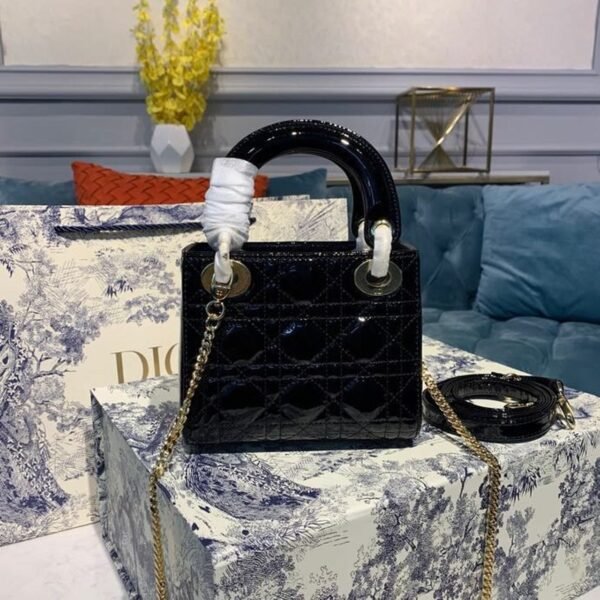 Christian Dior Mini Lady Dior Bag 18cm with Chain Gold Hardware Patent Leather Spring/Summer Collection, Black - Image 3