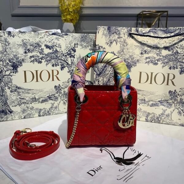 Christian Dior Mini Lady Dior Bag 18cm with Chain Gold Hardware Patent Leather Spring/Summer Collection, Red - Image 2