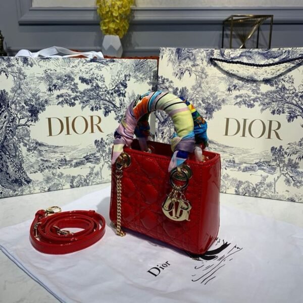 Christian Dior Mini Lady Dior Bag 18cm with Chain Gold Hardware Patent Leather Spring/Summer Collection, Red - Image 3