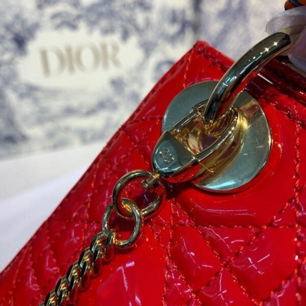 Christian Dior Mini Lady Dior Bag 18cm with Chain Gold Hardware Patent Leather Spring/Summer Collection, Red - Image 8