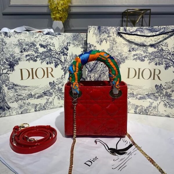 Christian Dior Mini Lady Dior Bag 18cm with Chain Gold Hardware Patent Leather Spring/Summer Collection, Red - Image 4