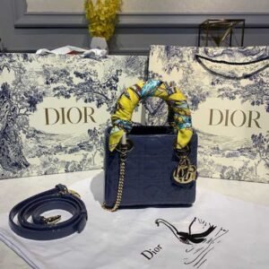Christian Dior Mini Lady Dior Bag 18cm with Chain Silver Hardware Patent Leather Spring/Summer Collection, Deep Blue