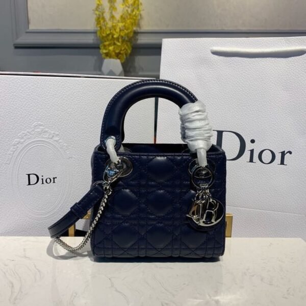 Christian Dior Mini Lady Dior Bag 18cm with Chain Silver Hardware Lambskin Leather Spring/Summer Collection, Navy Blue - Image 2
