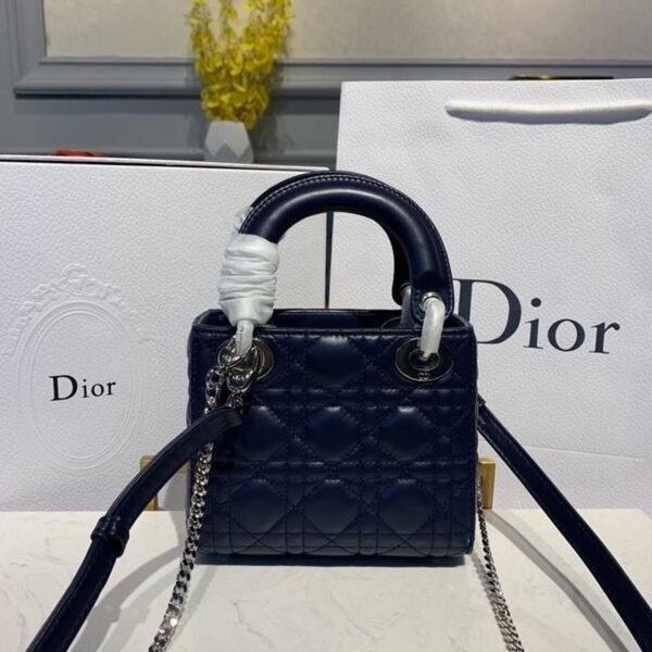 Christian Dior Mini Lady Dior Bag 18cm with Chain Silver Hardware Lambskin Leather Spring/Summer Collection, Navy Blue - Image 4