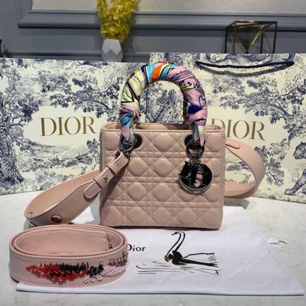 Christian Dior Lady Dior Bag 20cm Silver Hardware with Embellished Bag Strap Lambskin Leather Spring/Summer Collection - Image 2