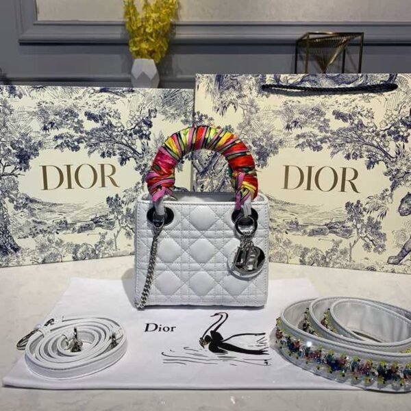 Christian Dior Mini Lady Dior Bag 18cm with Chain and Embellished Bag Strap Silver Hardware Lambskin Leather Spring/Summer Collection, White - Image 2