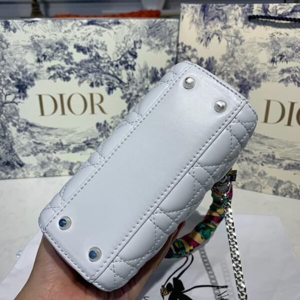 Christian Dior Mini Lady Dior Bag 18cm with Chain and Embellished Bag Strap Silver Hardware Lambskin Leather Spring/Summer Collection, White - Image 8