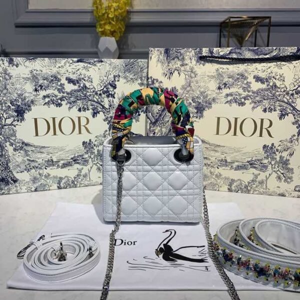 Christian Dior Mini Lady Dior Bag 18cm with Chain and Embellished Bag Strap Silver Hardware Lambskin Leather Spring/Summer Collection, White - Image 4