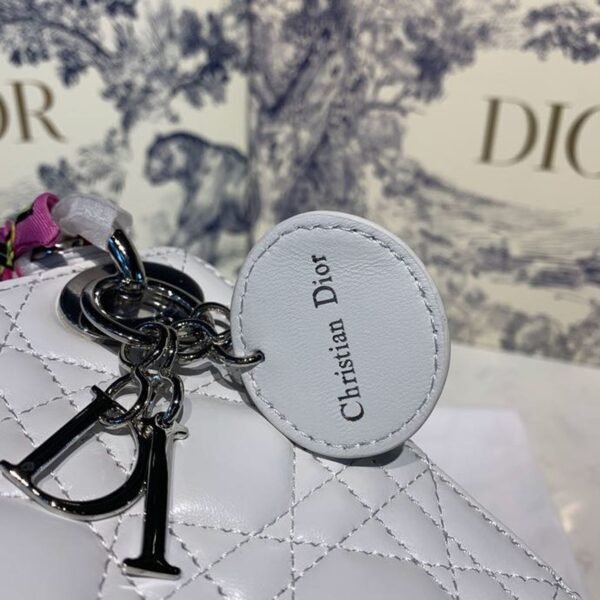 Christian Dior Mini Lady Dior Bag 18cm with Chain and Embellished Bag Strap Silver Hardware Lambskin Leather Spring/Summer Collection, White - Image 6