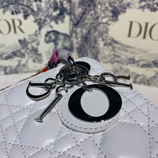 Christian Dior Mini Lady Dior Bag 18cm with Chain and Embellished Bag Strap Silver Hardware Lambskin Leather Spring/Summer Collection, White - Image 7