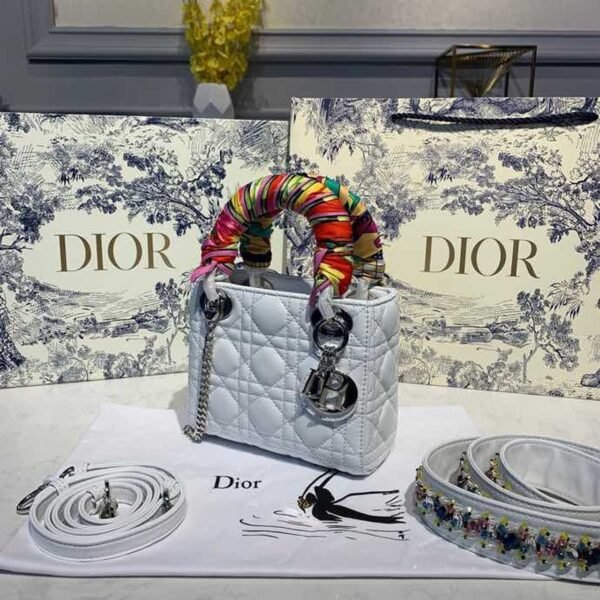 Christian Dior Mini Lady Dior Bag 18cm with Chain and Embellished Bag Strap Silver Hardware Lambskin Leather Spring/Summer Collection, White - Image 3