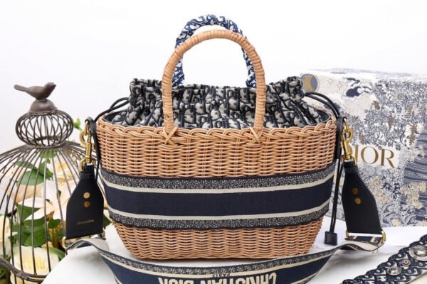 Christian Dior Blue Wicker Bucket Bag 28cm - Image 3