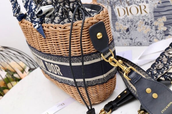 Christian Dior Blue Wicker Bucket Bag 28cm - Image 2