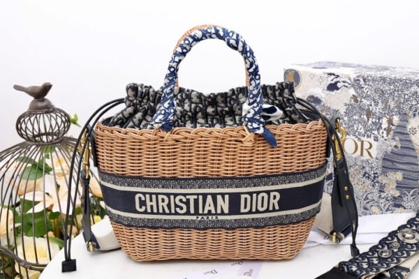 Christian Dior Blue Wicker Bucket Bag 28cm