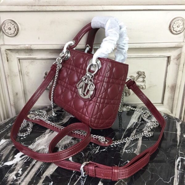 Christian Dior Mini Lady Dior Bag 18cm with Chain Silver Hardware Lambskin Leather Spring/Summer Collection, Burgundy - Image 3