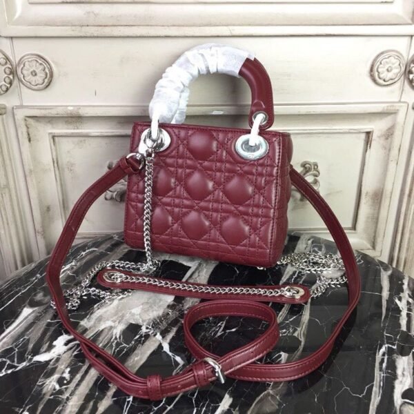 Christian Dior Mini Lady Dior Bag 18cm with Chain Silver Hardware Lambskin Leather Spring/Summer Collection, Burgundy - Image 4