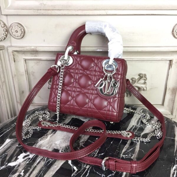 Christian Dior Mini Lady Dior Bag 18cm with Chain Silver Hardware Lambskin Leather Spring/Summer Collection, Burgundy - Image 2