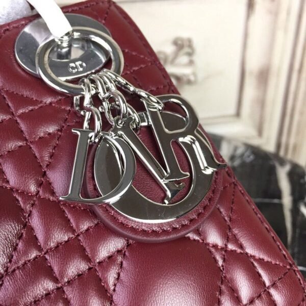 Christian Dior Mini Lady Dior Bag 18cm with Chain Silver Hardware Lambskin Leather Spring/Summer Collection, Burgundy - Image 9